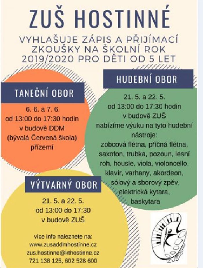 21.05.2019 - Zápis a přijímací zkoušky na ZUŠ - Hostinné